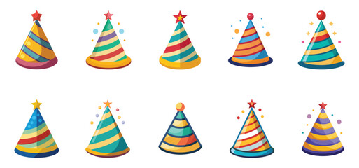 Fototapeta premium Birthday party hats set isolated on white background. Vector party cone hats with cute decoration.