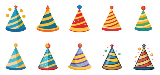 Fototapeta premium Birthday party hats set isolated on white background. Vector party cone hats with cute decoration.