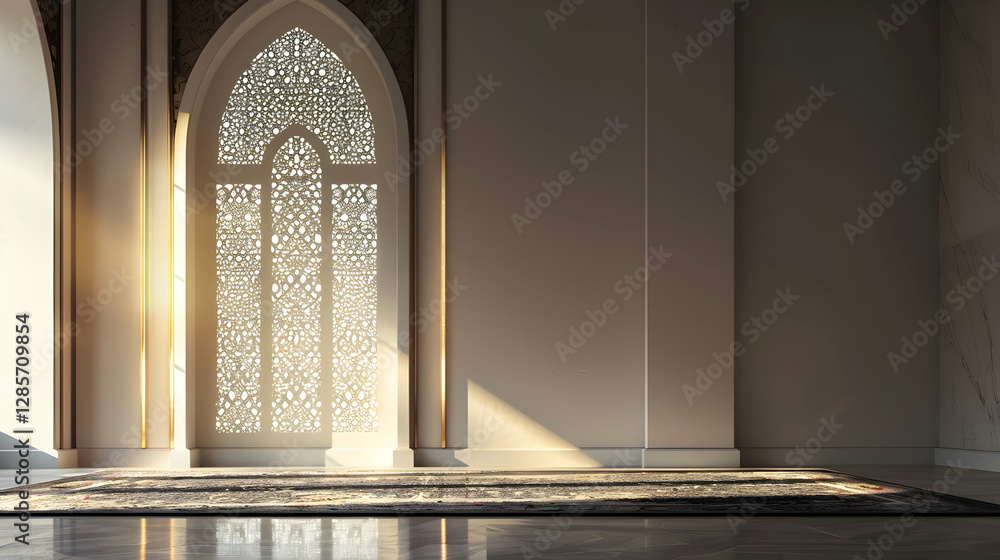 Poster elegant architectural interior featuring intricate window design with soft sunlight illuminating spa