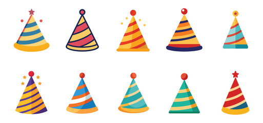 Obraz premium Birthday party hats set isolated on white background. Vector party cone hats with cute decoration.