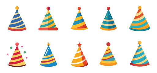 Obraz premium Birthday party hats set isolated on white background. Vector party cone hats with cute decoration.