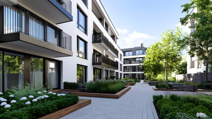 Fototapeta premium Contemporary urban apartment complex with lush landscaped courtyard : Generative AI