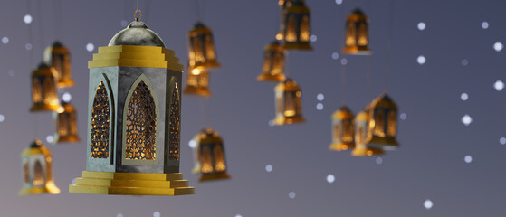 A lantern with a gold and silver frame hangs from the ceiling