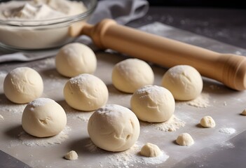 Fototapeta premium Dough balls on a floured surface with a rolling pin in the background