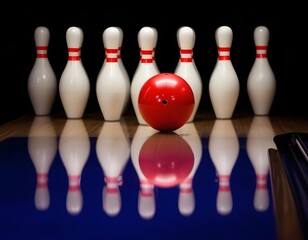 Naklejka premium A bowling ball in the center of a row of bowling pins on a blurred background