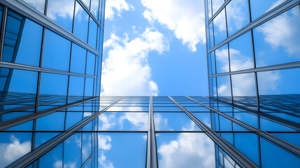 Urban Skyscraper with Reflective Glass Windows and Vibrant Blue Skies : Generative AI