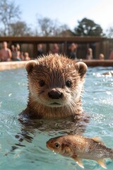 Fototapeta premium A baby otter swimming in a pool with a fish in its mouth