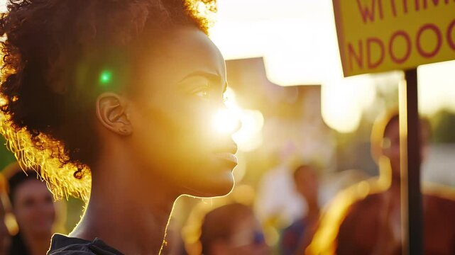 A woman leads a diverse crowd in a peaceful protest for equality