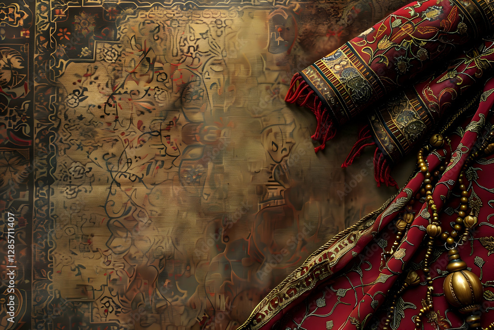 Poster ornate red fabric draped over a textured background with intricate patterns and embellishments