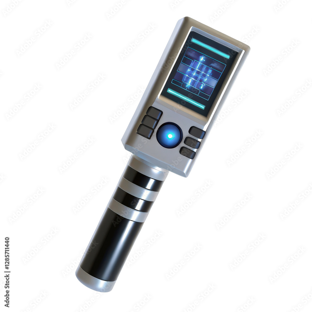 Poster engineering tool, futuristic handheld device with display and buttons, isolated on white background.