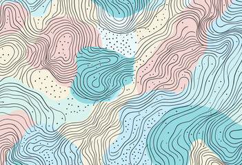 curved lines in various colors, including pink, blue, green, and yellow, with small dots scattered throughout.