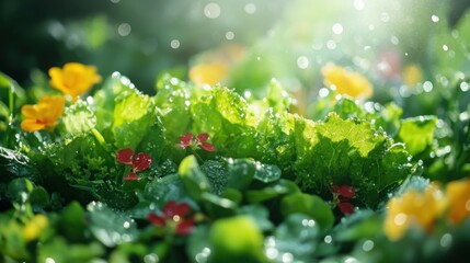 Vibrant Flowers and Lush Green Leaves with Water Droplets in Sunlight