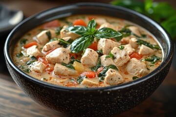 Delicious thai green curry with tender chicken cozy kitchen food photography home environment close-up view culinary delight