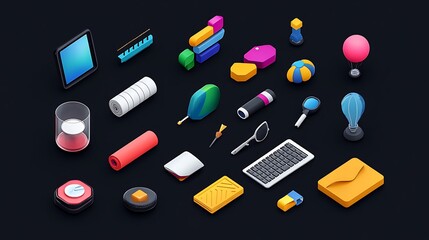 Vibrant Isometric 3D Icons: A Collection of Colorful Digital Designs on Dark Background AI Generated