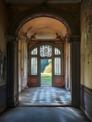 Abandoned Elegant Hallway in Old Mansion with Sunlight Illuminating Arched Entrance : Generative AI
