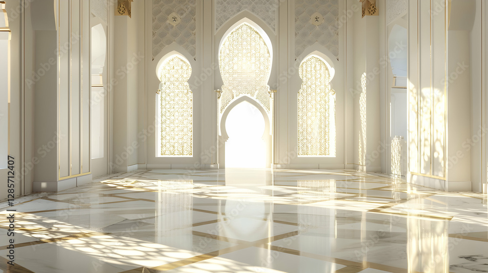Poster bright and spacious interior of an ornate building with intricate patterns and light reflections