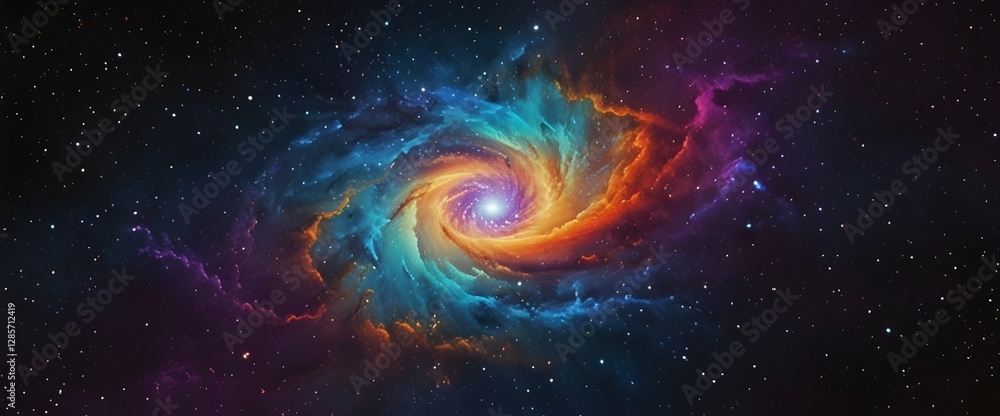 Wall mural a vibrant spiral galaxy swirls with vivid colors of blue, orange, and purple against a starry backdr