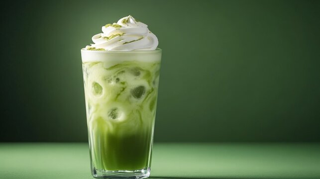 Delicious iced matcha latte with whipped cream in glass against green background