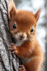 Fototapeta premium A small red squirrel peeking out from behind a tree