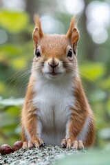 A red squirrel sitting on top of a rock next to some nuts