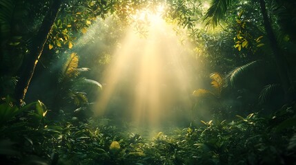 Warm golden sunlight streams through the dense ancient canopy of a lush rainforest casting a serene glow on the verdant forest floor below  The scene exudes a sense of tranquility and enchantment