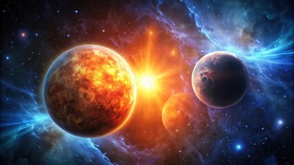 Obraz premium A Fiery Celestial Dance Planets Orbiting a Brilliant Star Within a Cosmic Nebula