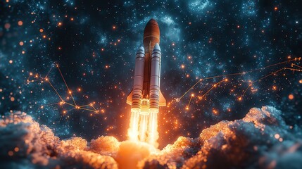 This image depicts a modern rocket taking off with a graph depicting success and growth, symbolizing innovation and exploration in the field of space technology