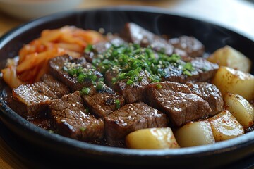 Sizzling korean bulgogi delight korean restaurant food photography indoor dining close-up culinary experience