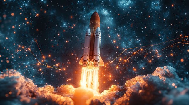 This image depicts a modern rocket taking off with a graph depicting success and growth, symbolizing innovation and exploration in the field of space technology