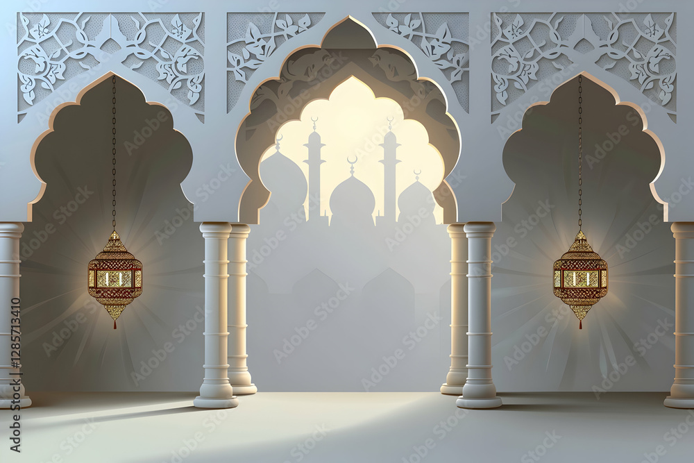 Poster elegant architectural arches with intricate designs and hanging lanterns, creating a serene atmosphe