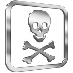 Skull and Crossbones Warning Sign 3D icon with silver metallic effect 