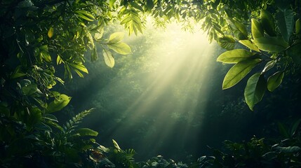 Fototapeta premium A photograph of soft golden sunlight filtering through the lush verdant canopy of a tropical forest casting beautiful dappled light rays across the peaceful serene scene