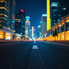 Night Cityscape View From Asphalt Road with Illuminated Buildings
