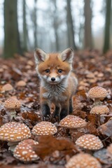 Obraz premium A small red fox standing in the middle of a forest surrounded by mushrooms