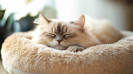 A fluffy cat peacefully sleeping in a cozy bed, embodying comfort and tranquility in a serene environment.
