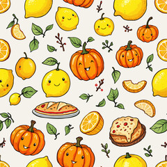 a variety of fruits and vegetables, including lemons, pumpkins, oranges, and pies, arranged in a repeating design.
