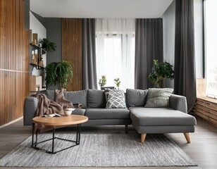 Gray and wooden living room with sofa
