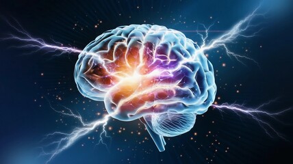 A glowing depiction of a human brain surrounded by bright electric currents, symbolizing neural activity, mental processes, and intelligence, highlighted against a vibrant blue background