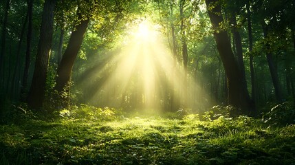 Obraz premium Breathtaking photograph of an enchanted forest at sunrise with beams of warm light breaking through the lush tree branches and highlighting the serene misty atmosphere for a magical