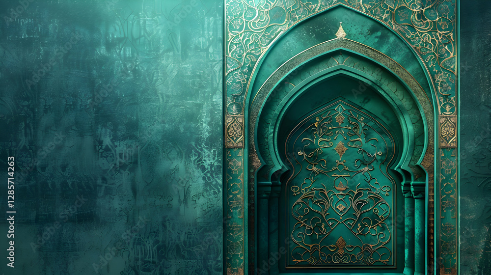 Poster intricately designed teal archway with ornate patterns set against a textured backdrop