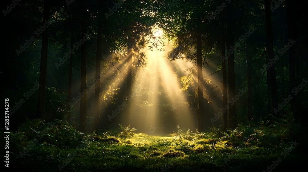 Poster enchanted forest at sunrise with beams of light breaking through the misty tree branches creating a 
