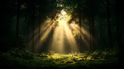 Enchanted forest at sunrise with beams of light breaking through the misty tree branches creating a serene and magical atmosphere  The scene is filled with natural beauty and a sense of wonder