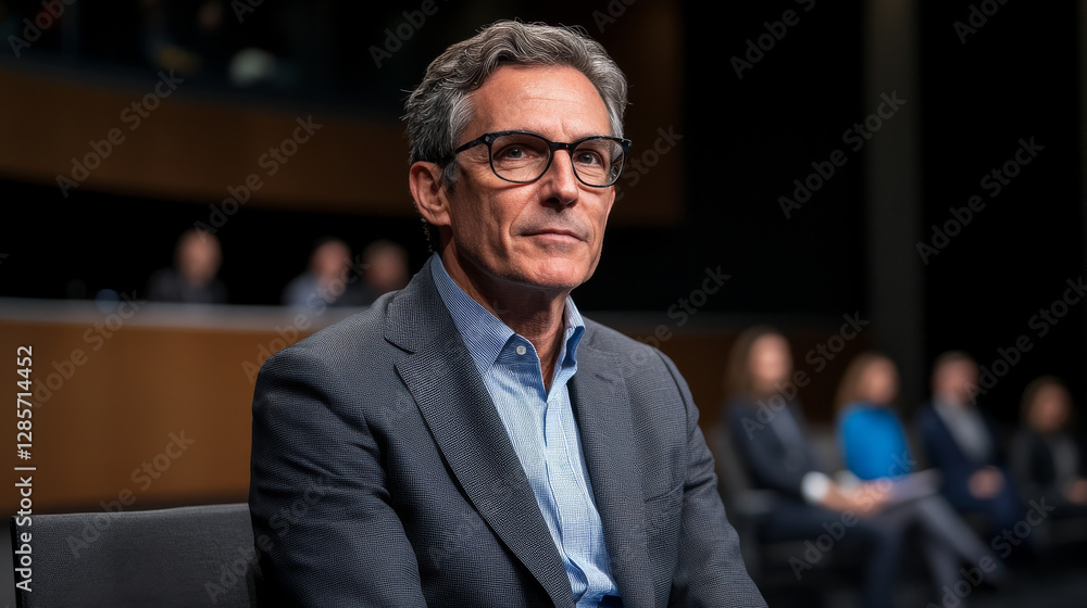 Poster man in suit sits confidently in formal setting, showcasing serious expression. background features b