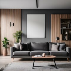 Gray and wooden living room with sofa