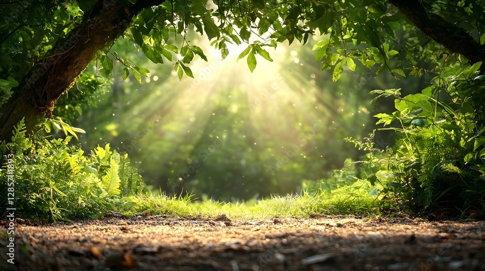Poster a tranquil sun dappled woodland path with golden hour sunlight filtering through the dense verdant t
