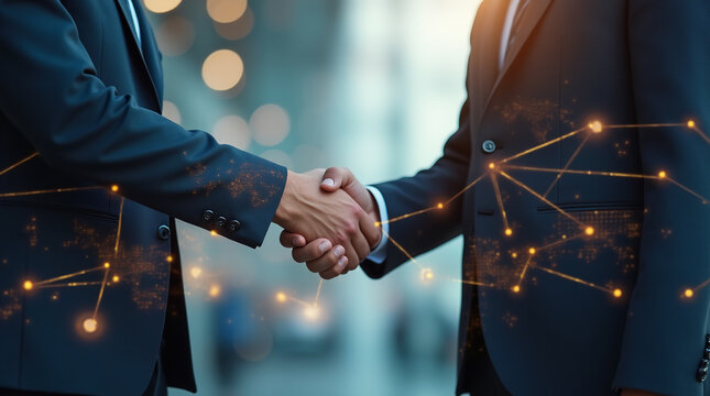 Smart logistics, Global business concept. Businessman making handshake for successful business, investment deal teamwork and partnership business partners on logistic global network - Powered by Adobe