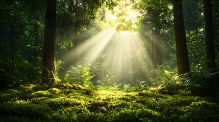 Obraz premium A photograph of a serene forest bathed in soft morning light with sunbeams creating a magical glow on the moss covered ground The image evokes a sense of peace and tranquility