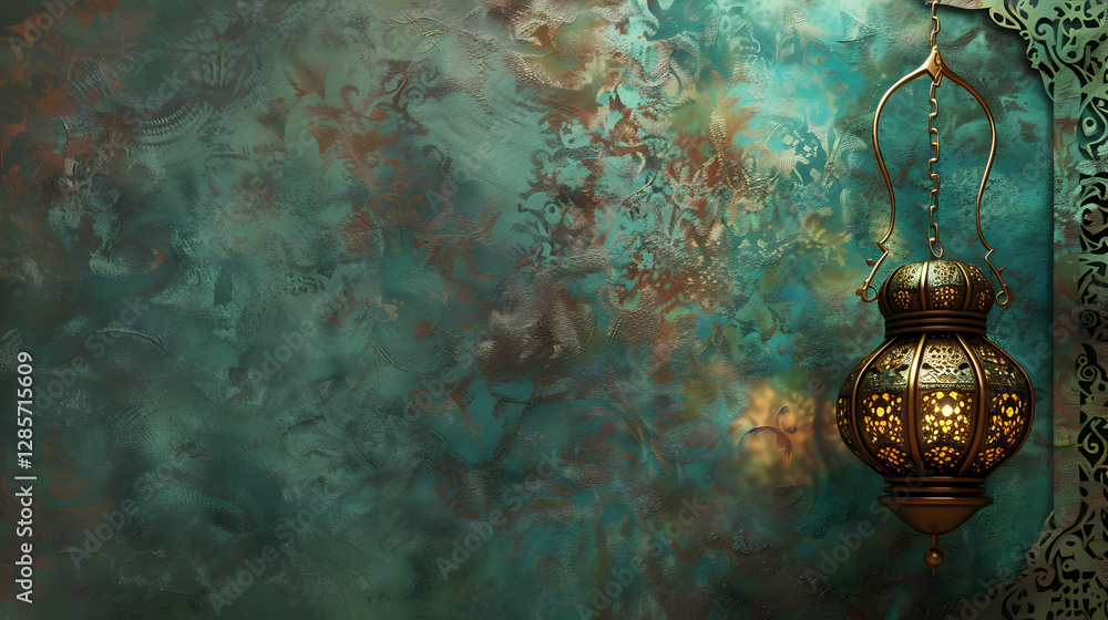Poster ornate lantern hanging against a textured turquoise background with intricate patterns