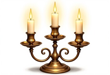 Fototapeta premium Elegant Brass Candelabra: Realistic Illustration of 3-Candle Holder with Detailed Candles, Reflecting Soft Light on White - Vintage Wedding & Event Decor.