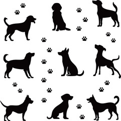 犬のシルエットと肉球のセット

